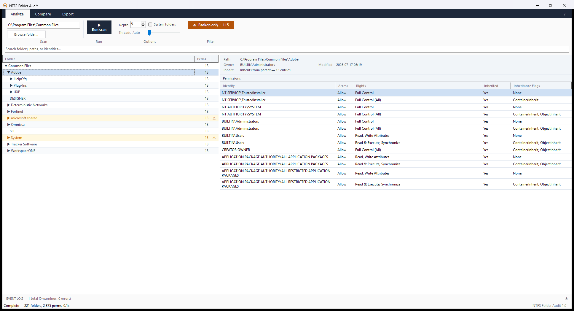 NTFS Folder Audit scanning a folder tree with the permissions grid